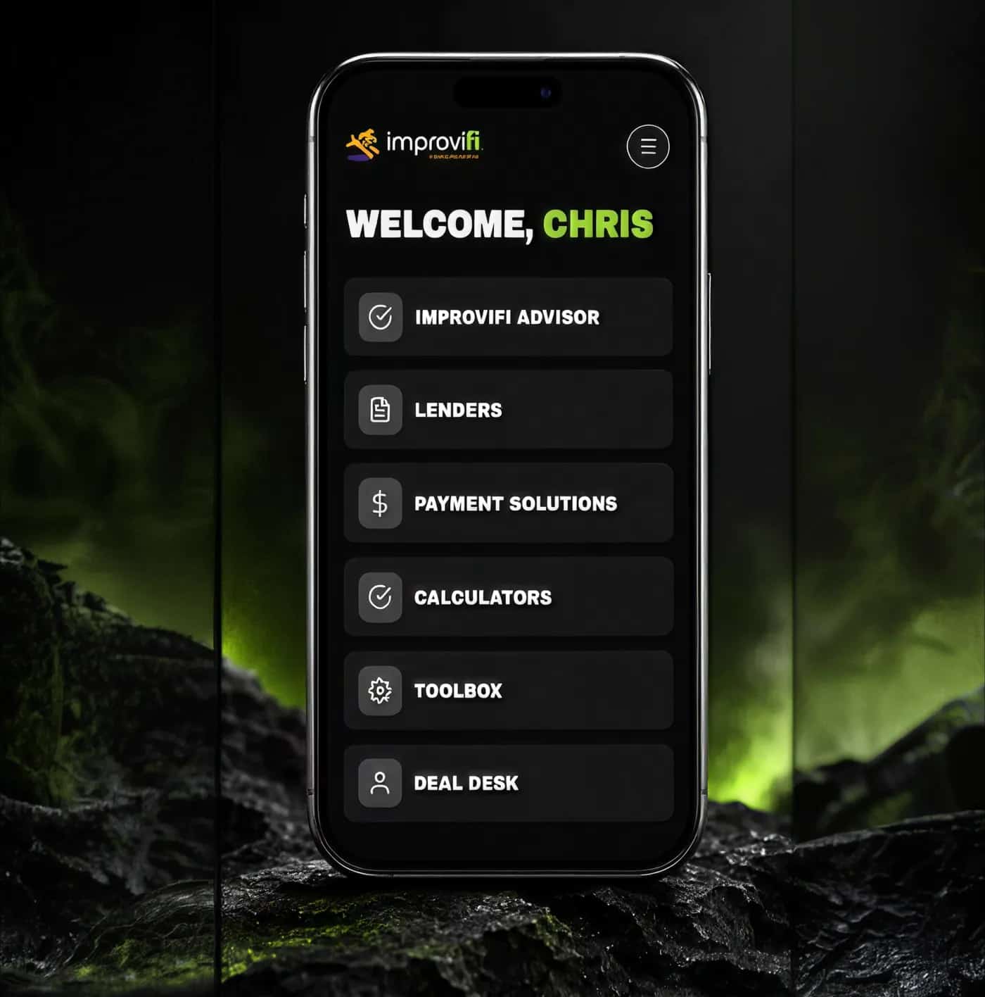 Improvifi app welcome screen with tools menu