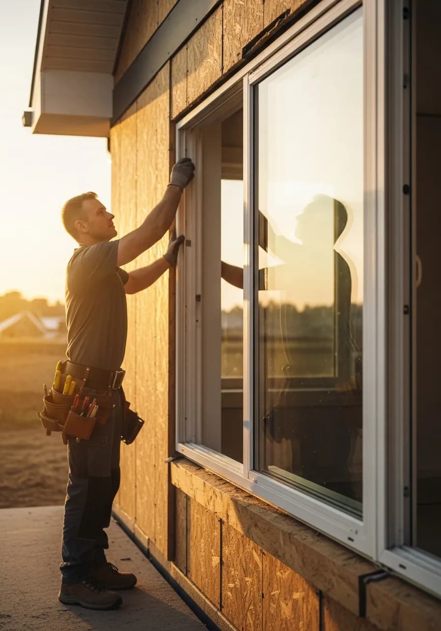 Contractor installing a residential window on a job site