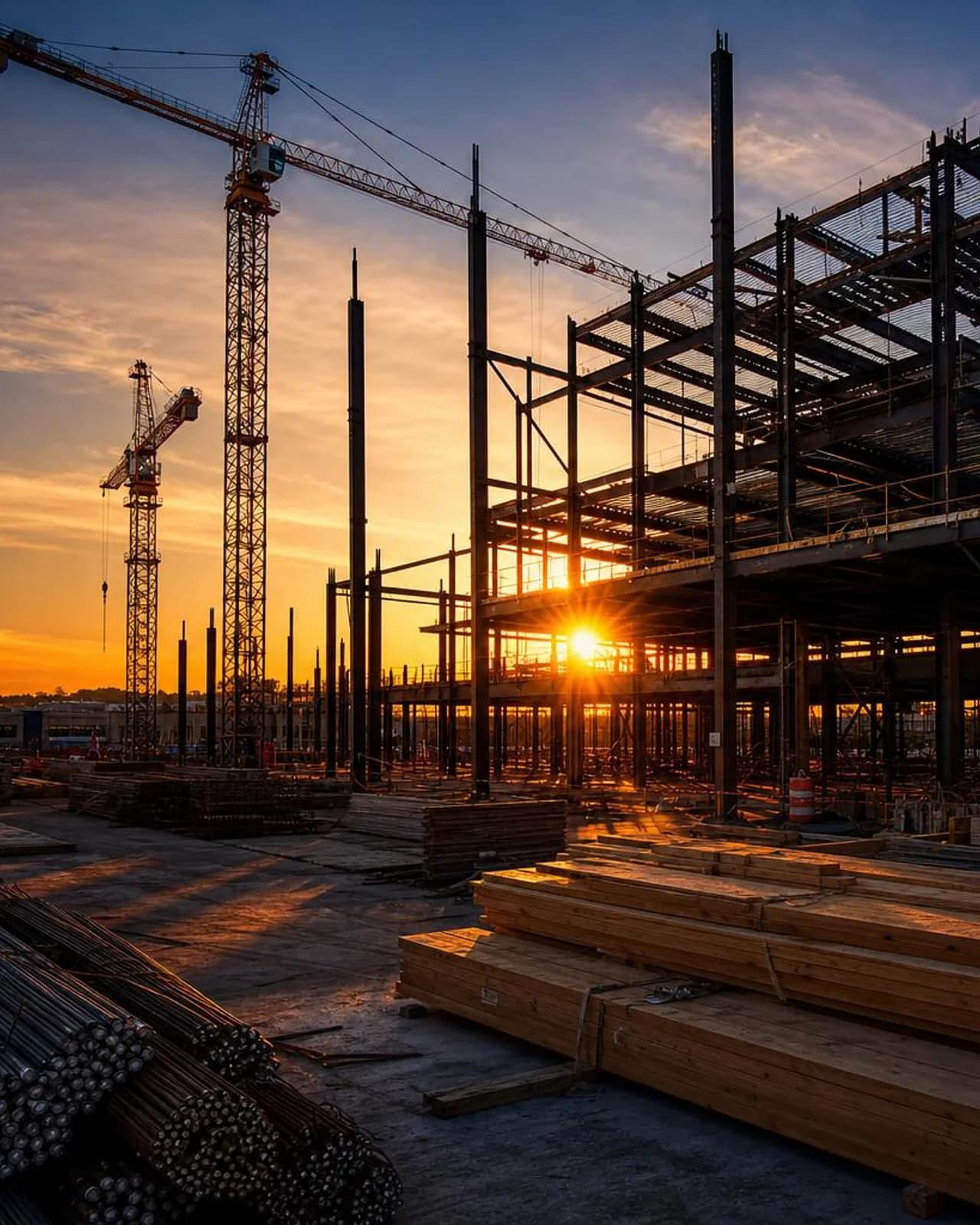 A construction jobsite at sunset with cranes and steel framing