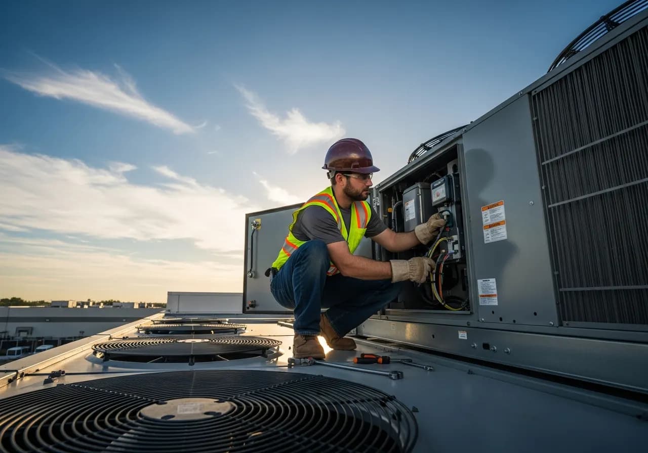 HVAC technician installing a new outdoor condenser unit