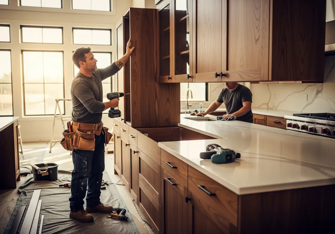 Modern kitchen remodel with quartz counters and matte black hardware