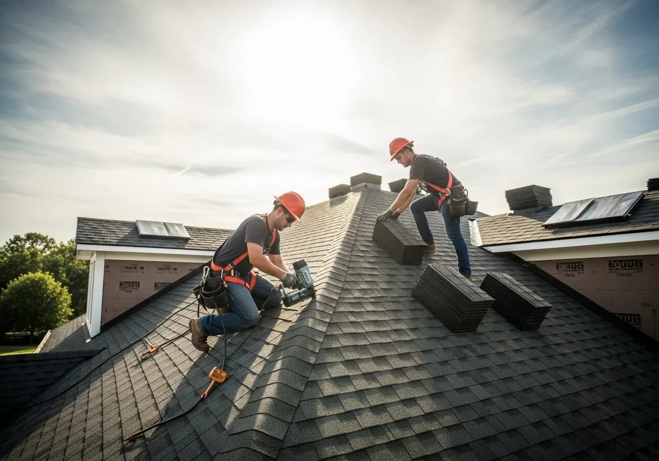 Roofing crew installing shingles on a residential home