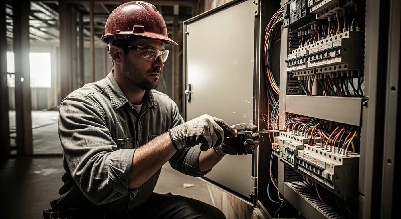 Electrician working inside a residential breaker panel