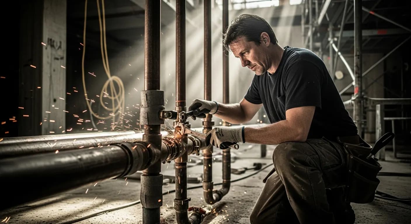 Plumber repairing a residential water line