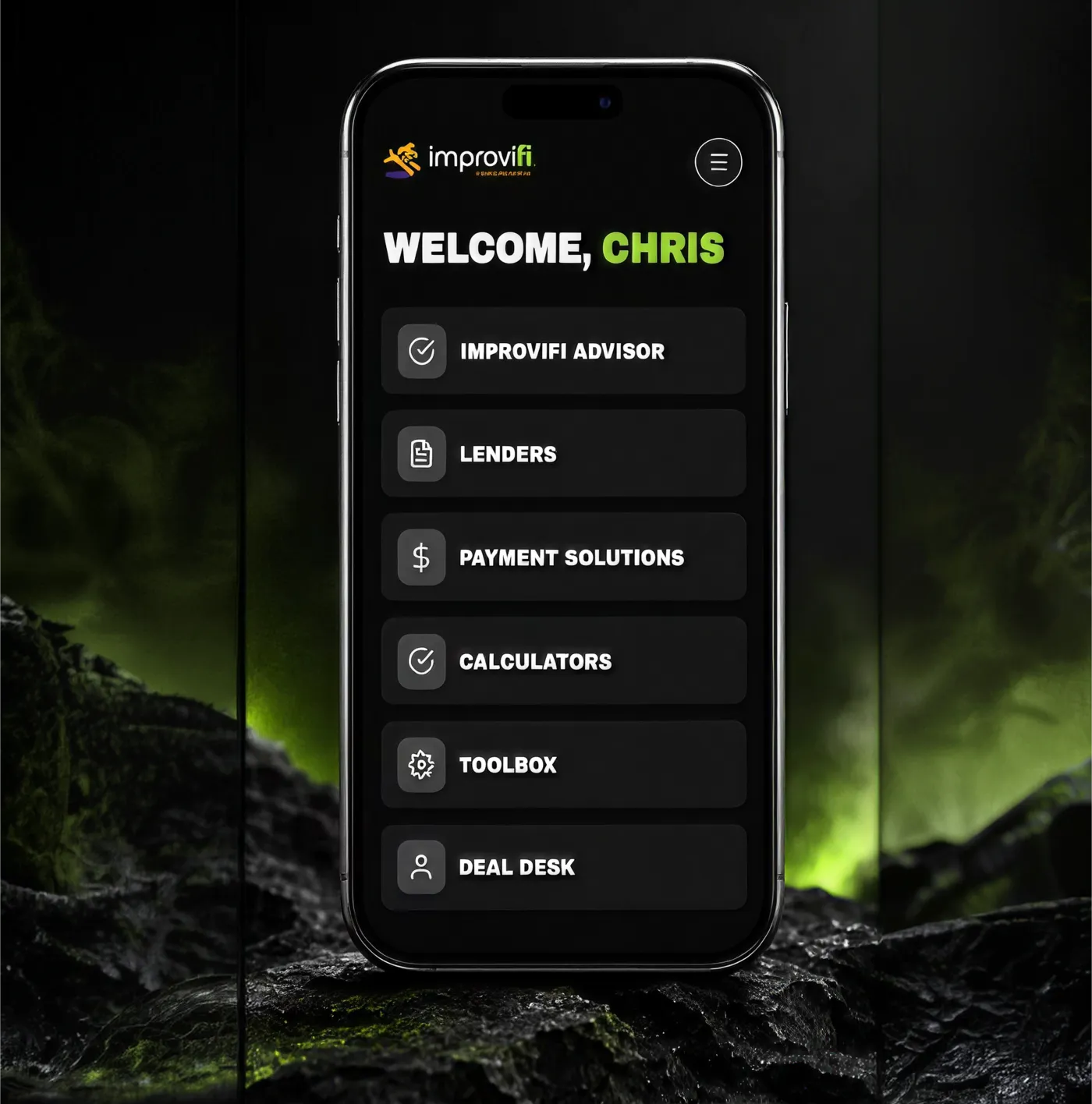 Improvifi app welcome screen with tools menu