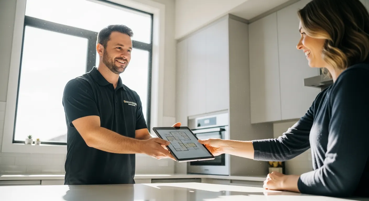 Electrician reviewing a panel upgrade quote with a homeowner